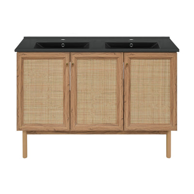 Classe 48 in. Brown Oak, Double Basin Bathroom Vanity With Black Ceramic Sink Top