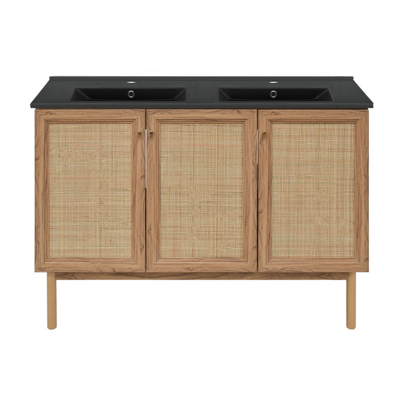 Classe 48 in. Brown Oak, Double Basin Bathroom Vanity With Black Ceramic Sink Top