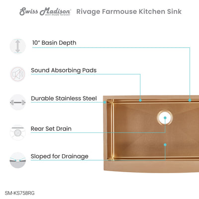Rivage 33 x 21 Stainless Steel, Single Basin, Farmhouse Kitchen Sink with Apron in Rose Gold