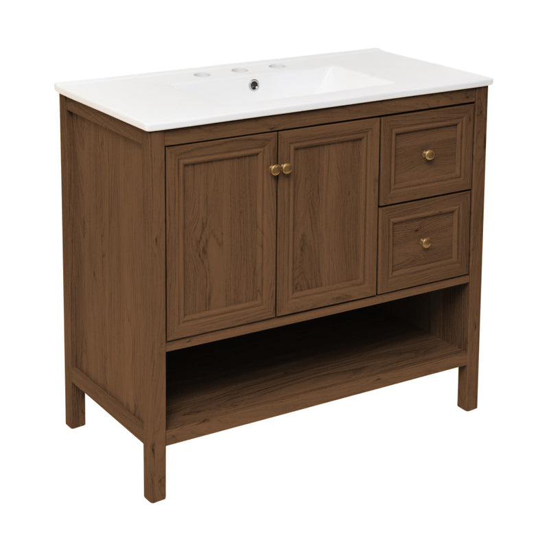 Château 36" Freestanding Bathroom Vanity in Brown Oak with 3-Hole Widespread Sink Top