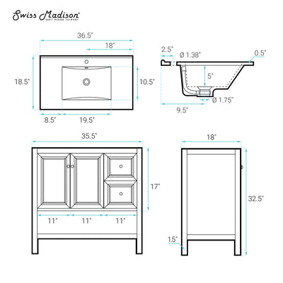 Château 36" Freestanding Bathroom Vanity in White Oak with Sink Top