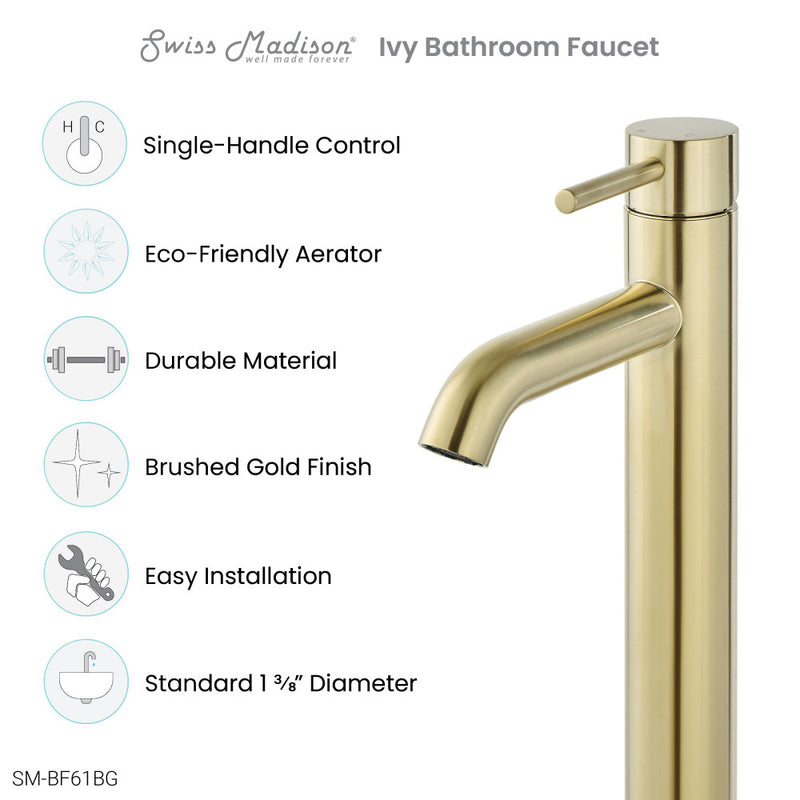 Ivy Single Hole, Single-Handle, High Arc Bathroom Faucet in Brushed Gold