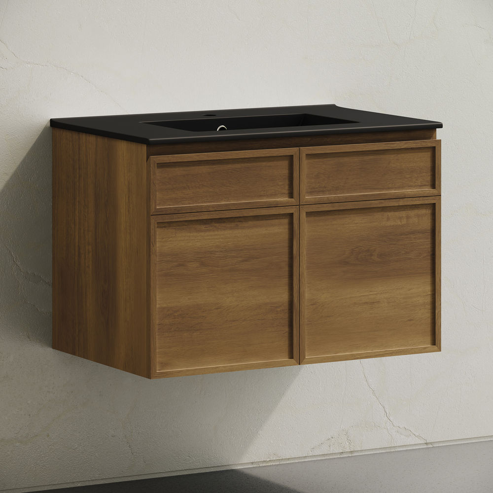 St. Tropez 30" Wall-Mounted Bathroom Vanity in Brown Oak with Black Sink Top