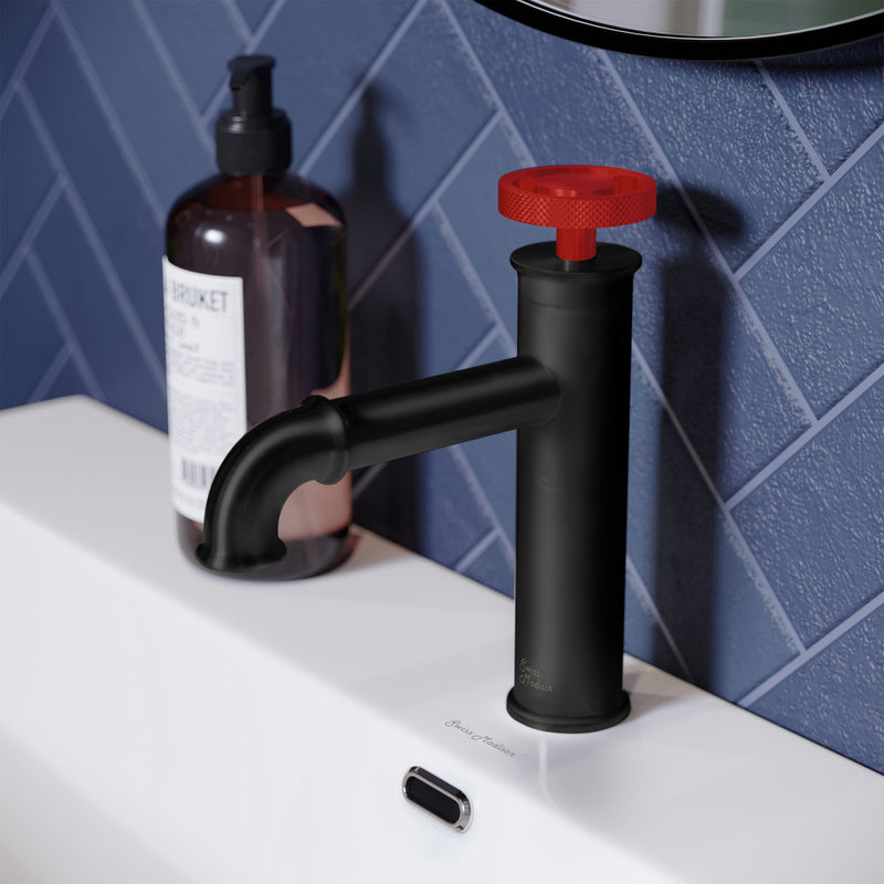 Avallon Single Hole, Single-Handle, Bathroom Faucet in Matte Black with Red Handle