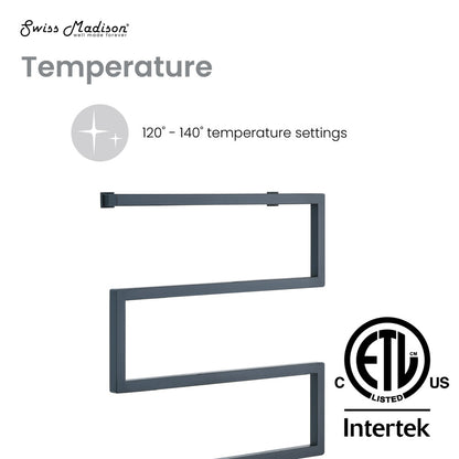 Electric 5-bar towel warmer in matte black with adjustable temperature control and modern angular design.