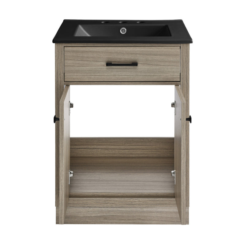 Burdon 24 in. Brown Oak Bathroom Vanity With Black, 3-Hole Ceramic Sink Top