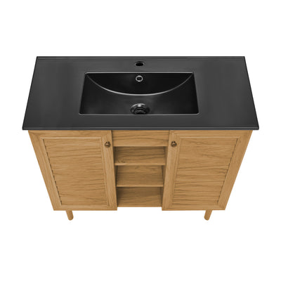 Bron 36" Freestanding Bathroom Vanity in Golden Oak with Black Sink Top