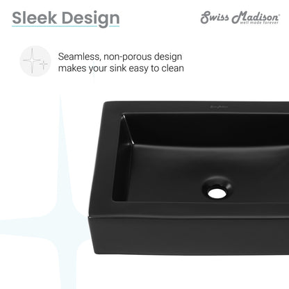 Matte black rectangular ceramic vessel sink with seamless design and center drain hole.