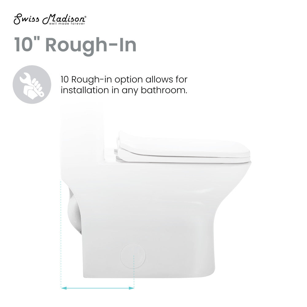 Elongated one-piece white toilet, dual-flush, 10-inch rough-in, compact design.