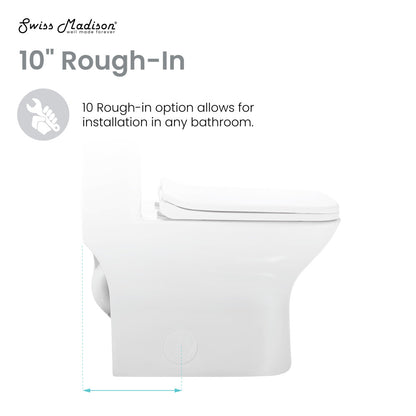 Elongated one-piece white toilet, dual-flush, 10-inch rough-in, compact design.