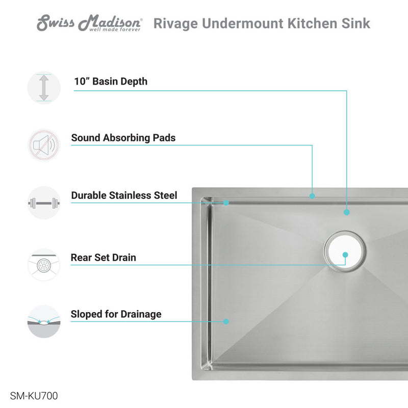 Rivage 30 x 18 Stainless Steel, Single Basin, Undermount Kitchen Sink