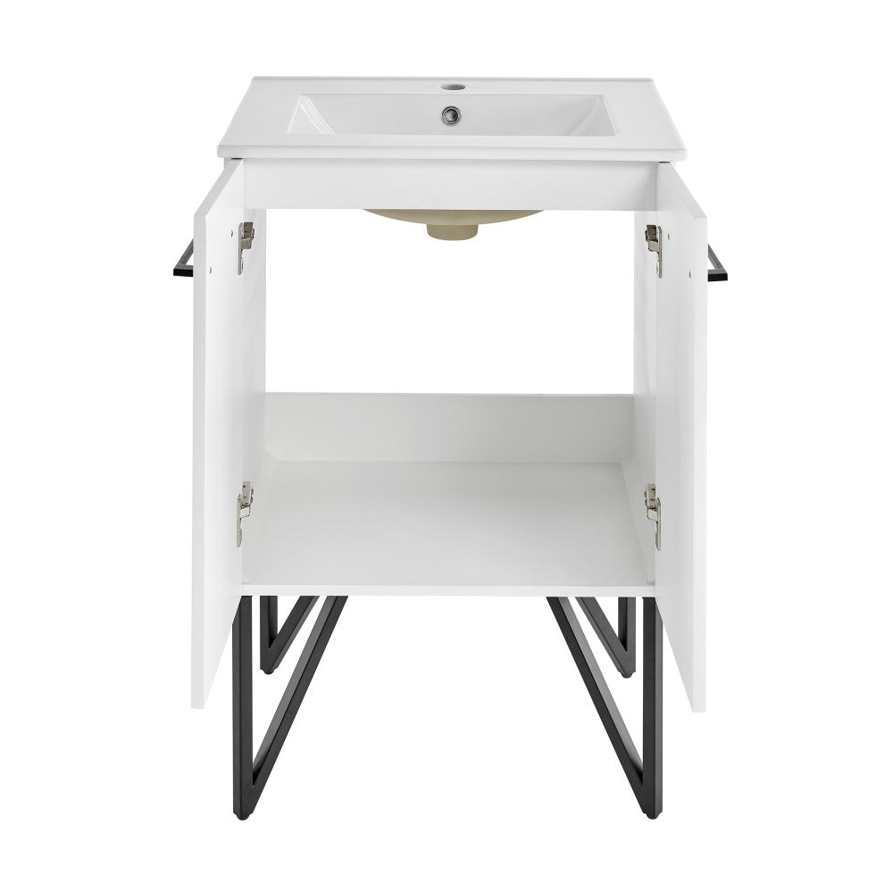 24-inch freestanding bathroom vanity in Mondrian White, single sink, open cabinet with black metal legs.