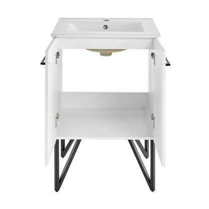 24-inch freestanding bathroom vanity in Mondrian White, single sink, open cabinet with black metal legs.