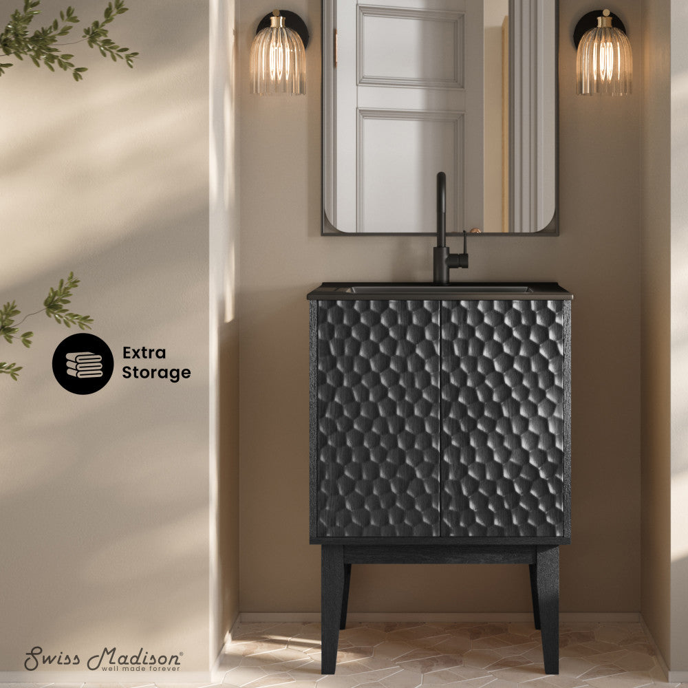 Bosse 24" Freestanding Bathroom Vanity in Black Oak with Black Sink Top