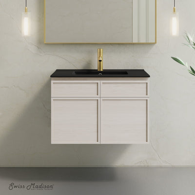St. Tropez 30" Wall-Mounted Bathroom Vanity in White Oak with Black Sink Top