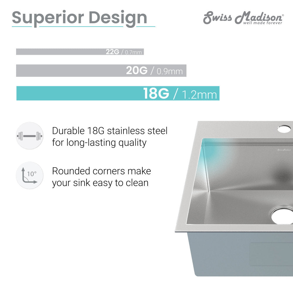 Dual basin top-mount kitchen workstation sink in stainless steel with rounded corners, durable 18G thickness.