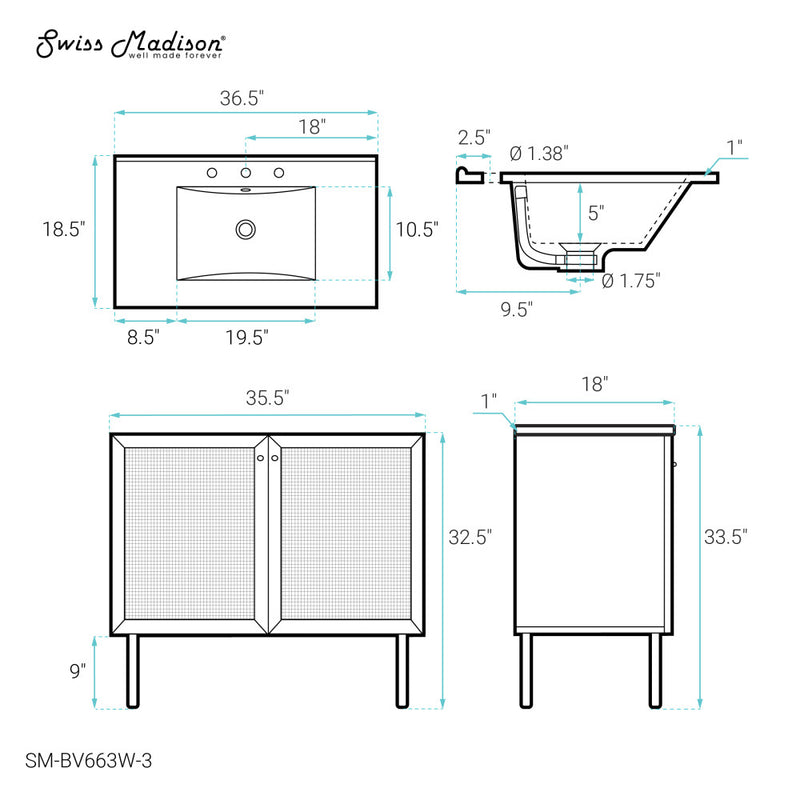 Classe 36 in. White Oak Bathroom Vanity With White, 3-Hole Ceramic Sink Top