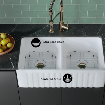 Delice 33" Double Basin Fireclay Farmhouse Kitchen Sink in Glossy White