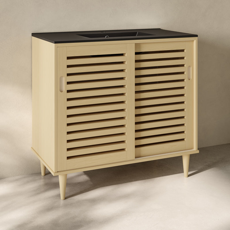 Delice 36" Freestanding Bathroom Vanity in Natural Oak with Black Sink Top