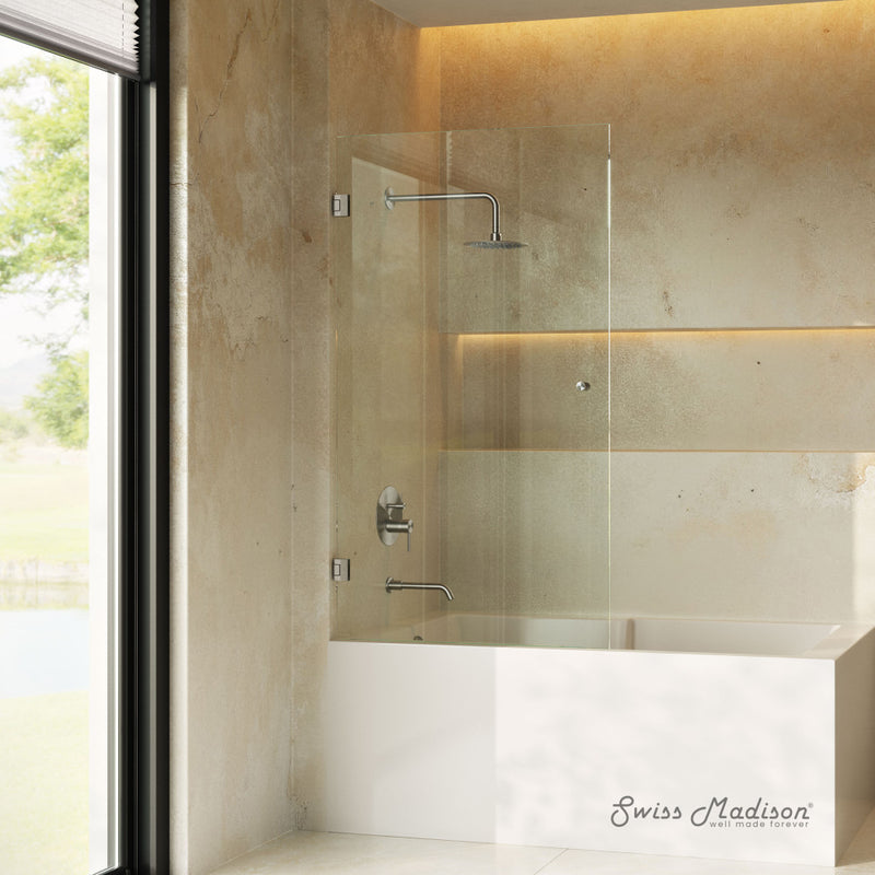 Voltaire 24 x 58 Frameless Pivot 3/8 in. (10mm) Ultra Clear Tempered Glass Tub Door with Nickel Brushed Hardware