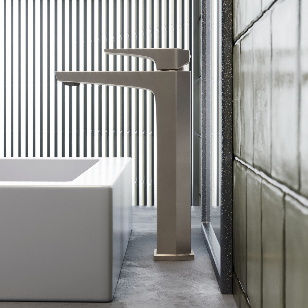 Single-handle high arc bathroom faucet in brushed nickel, sleek modern design.