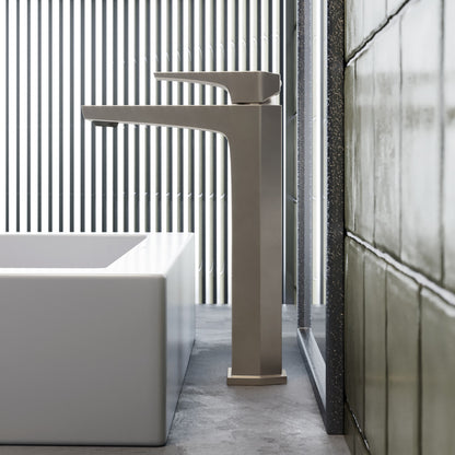 Single-handle high arc bathroom faucet in brushed nickel, sleek modern design.