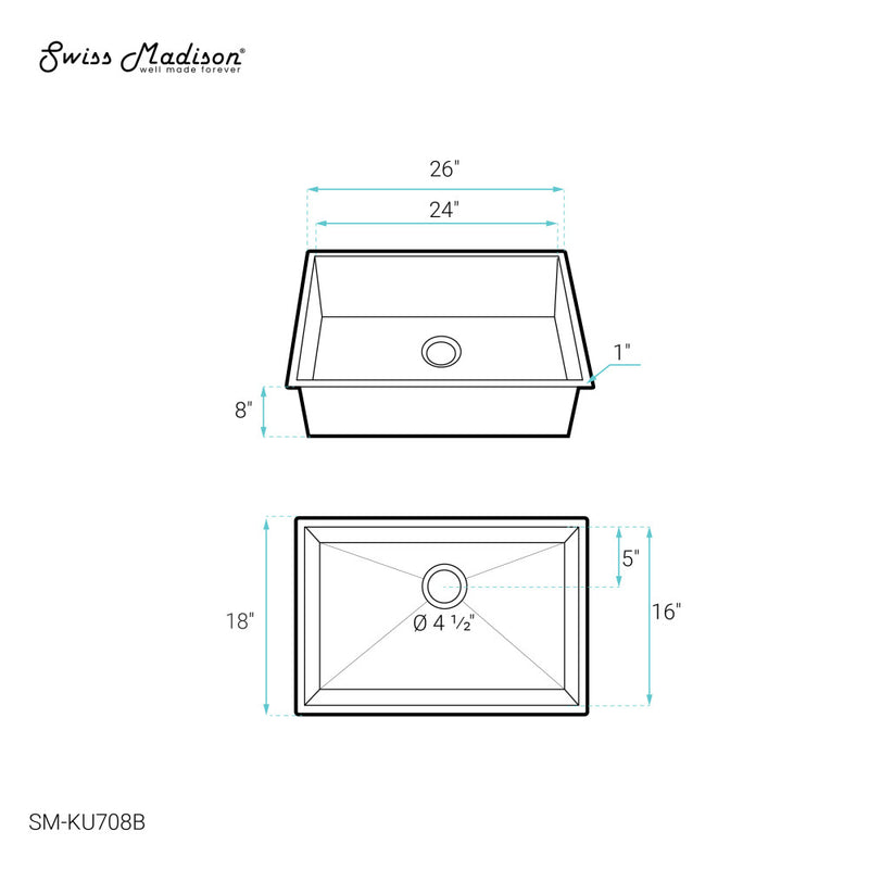 Tourner 26 x 18 Stainless Steel, Single Basin, Undermount Kitchen Sink, Black