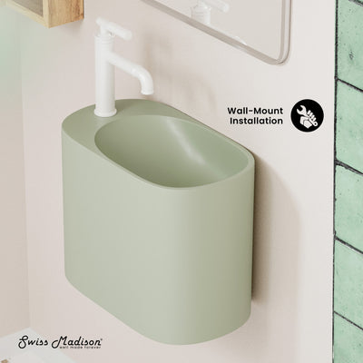 Terre 18" Solid Surface Oval Wall-Mounted Sink with Left Side Faucet Mount in Matte Palm Green