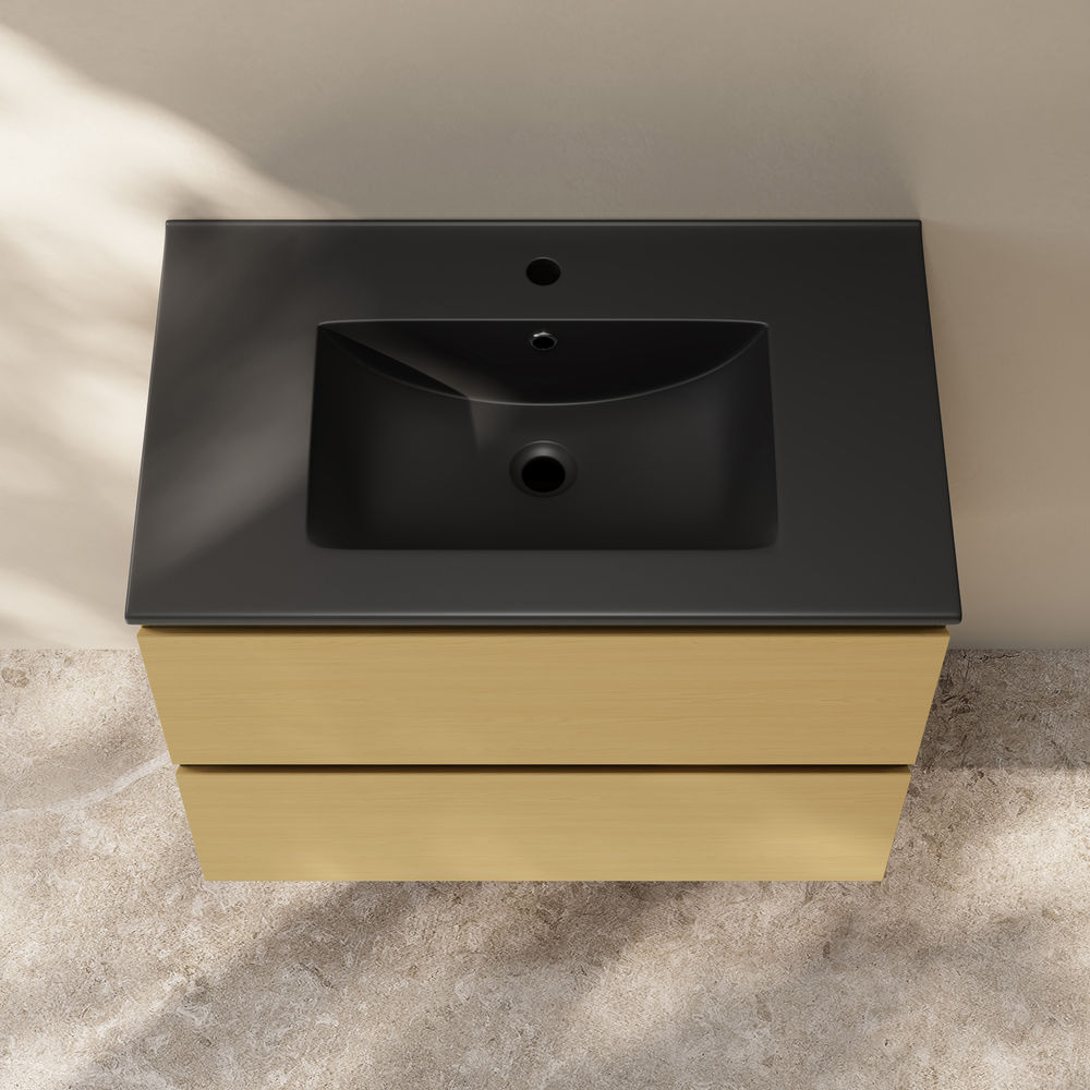 Liberte 30" Wall-Mounted Bathroom Vanity in Natural Oak with Black Sink Top