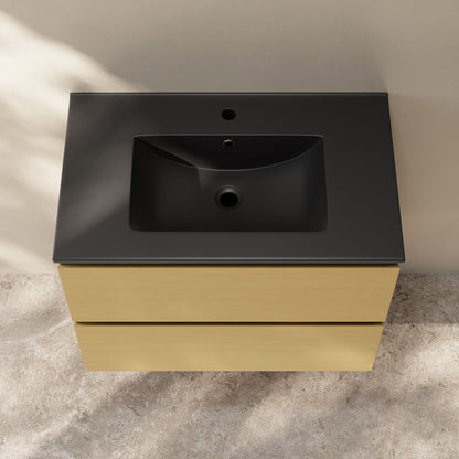 Liberte 30" Wall-Mounted Bathroom Vanity in Natural Oak with Black Sink Top