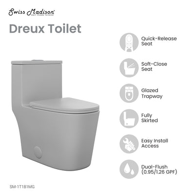 Dreux One Piece Elongated Dual Flush Toilet in Matte Grey 0.95/1.26 GPF