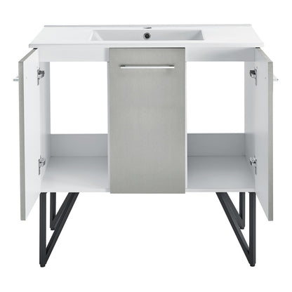 36-inch freestanding bathroom vanity in gray with single sink and soft-close doors.