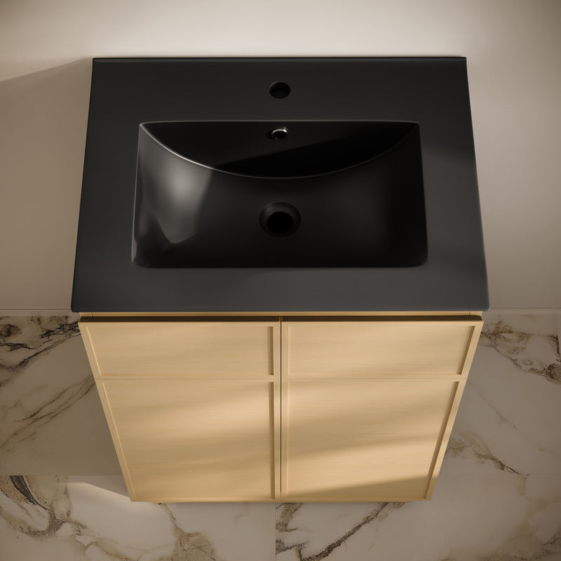 St. Tropez 24" Freestanding Bathroom Vanity in Natural Oak with Black Sink Top