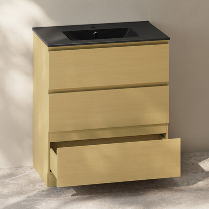 Liberte 30" Freestanding Bathroom Vanity in Natural Oak with Black Sink Top