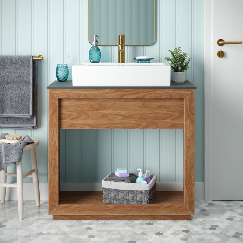 Rennes 36" Reclaimed Wood Vanity in Natural Teak with Slate Countertop and Single Hole Vessel Sink