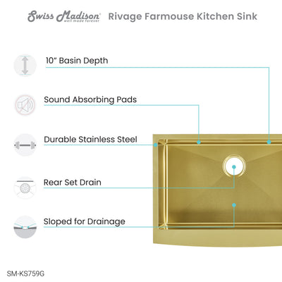 Rivage 30 x 21 Stainless Steel, Single Basin, Farmhouse Kitchen Sink with Apron in Gold