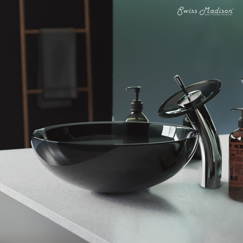 Cascade 16.5 Color Glass Vessel Sink with Faucet, Black