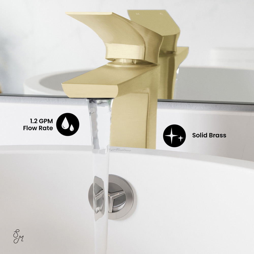 Single-handle high arc bathroom faucet in brushed gold, solid brass construction, 1.2 GPM flow rate.