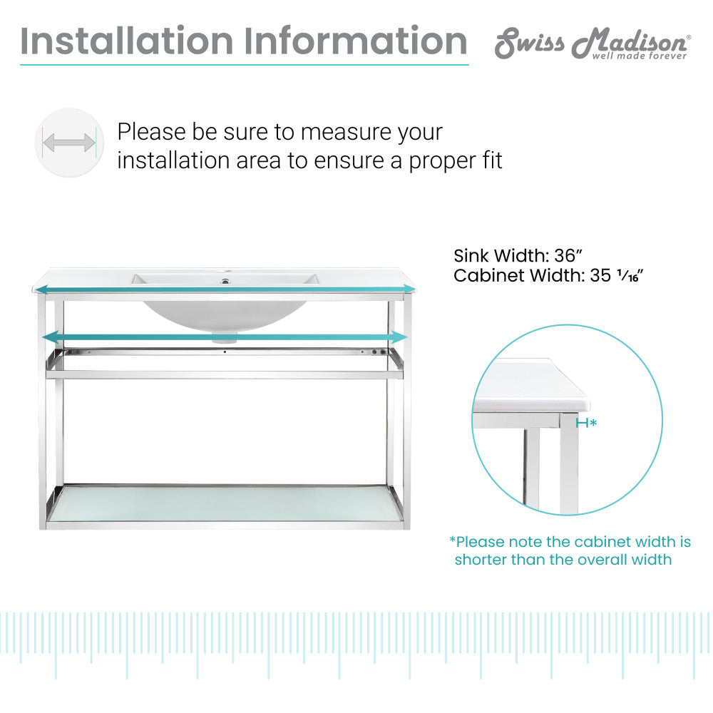 36-inch wall-mounted bathroom vanity with open chrome frame and white sink top.