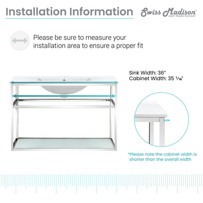 36-inch wall-mounted bathroom vanity with open chrome frame and white sink top.