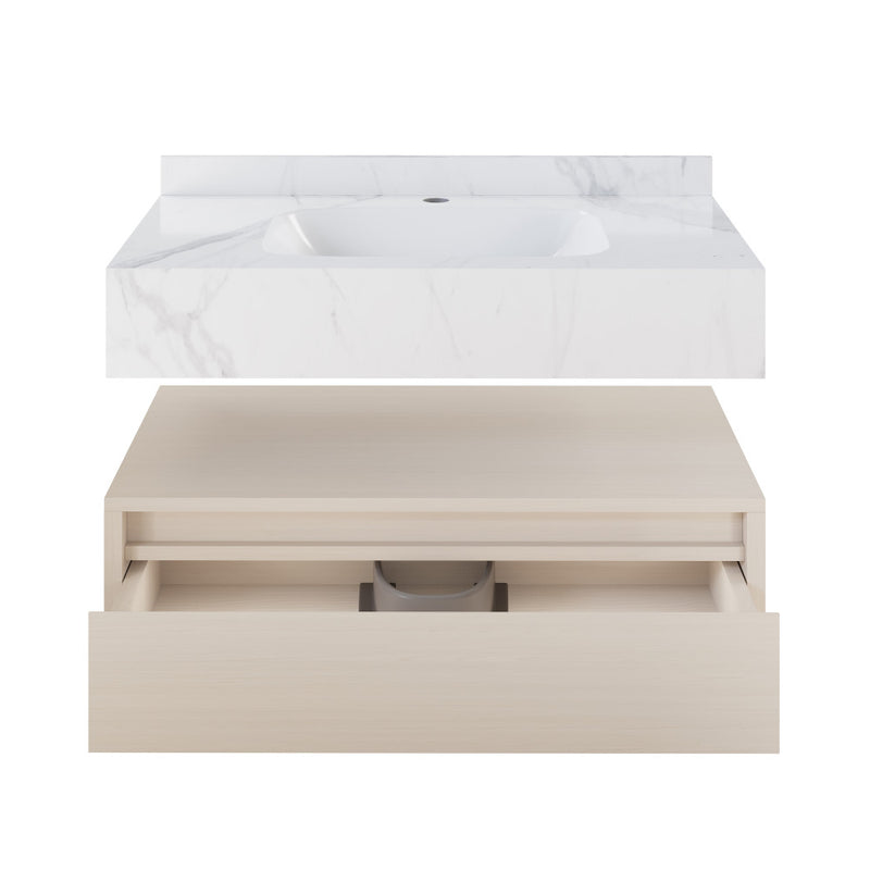 Avancer 36" Wall-Mounted Bathroom Vanity in White Oak with White Marble Sink Top