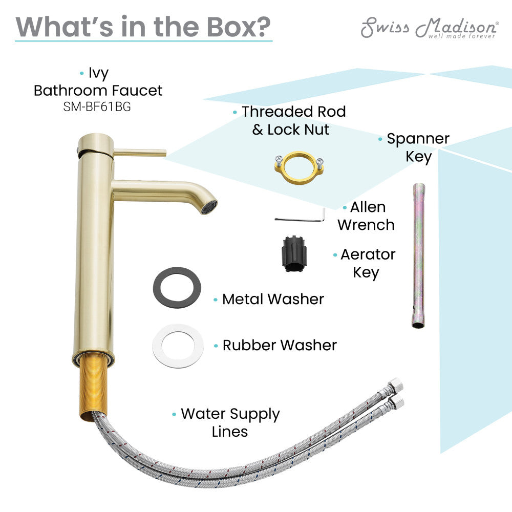 Single-handle high arc bathroom faucet in brushed gold with threaded rod and water supply lines.