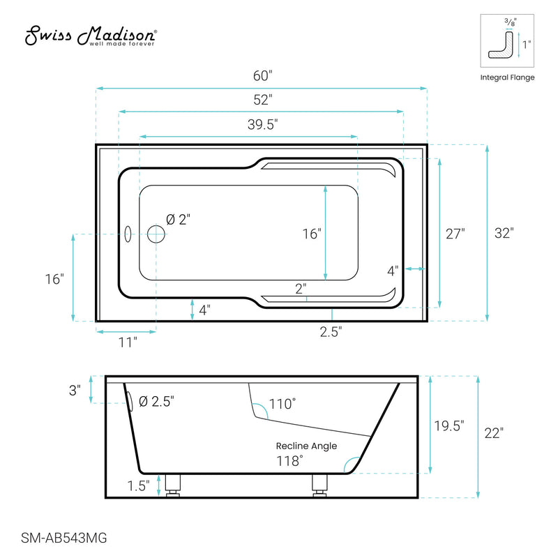 Voltaire 60" x 32" Left-Hand Drain Alcove Bathtub with Apron and Armrest in Matte Grey