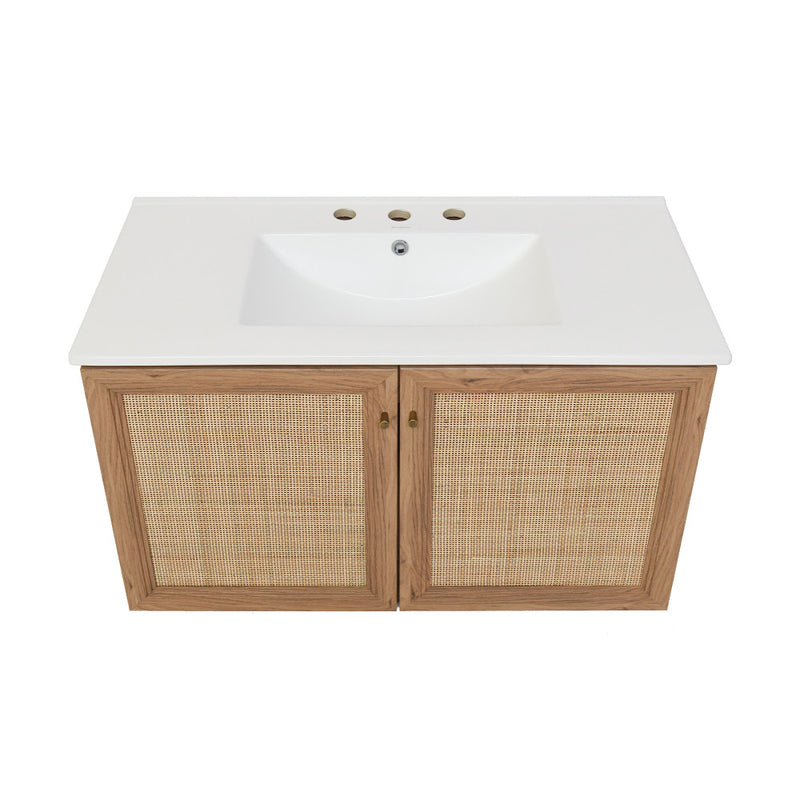 Classe 36 in. Brown Oak Wall Hung Bathroom Vanity With White, 3-Hole Ceramic Sink Top