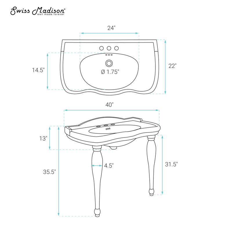 Santorini 40" Rectangle 3-Hole Widespread Console Sink