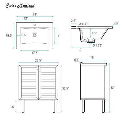 Bron 24" Freestanding Bathroom Vanity in White Oak with Sink Top