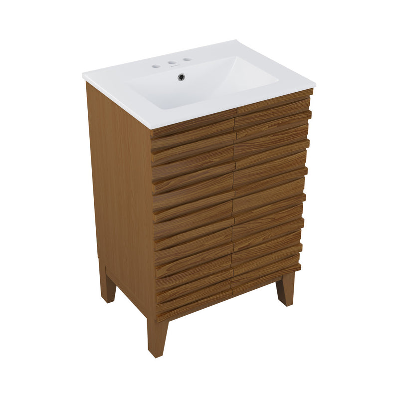 Cascade 24 in. Brown Oak Bathroom Vanity With White, 3-Hole Ceramic Sink Top