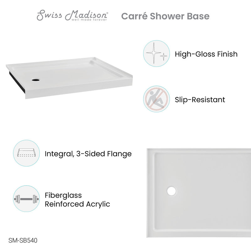 Carre 48" x 36" Acrylic White, Single-Threshold, Left Drain, Shower Base