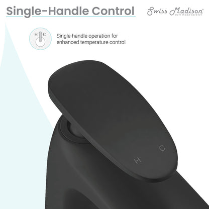 Single-handle bathroom faucet in matte black with smooth, flat lever handle and minimalist design.