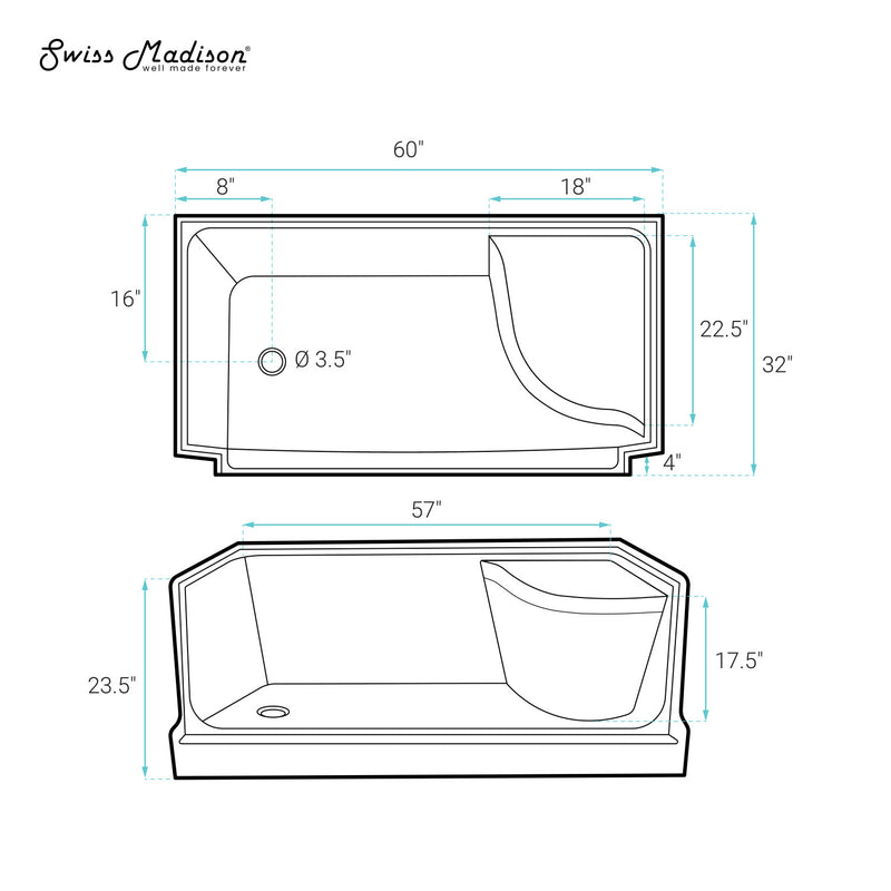 Aquatique 60" x 32" Left Drain, Shower Base in Matte Black